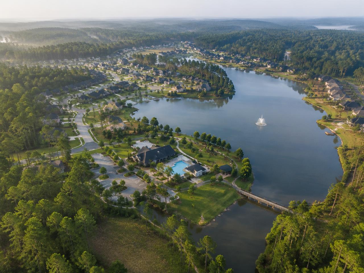 Aerial view of a lakeside community in Montgomery County
